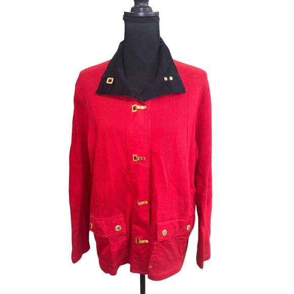 Lauren Ralph Lauren Red Cotton Jacket W/Gold Buckle Plus Size 1X Preppy Academic - Picture 1 of 13